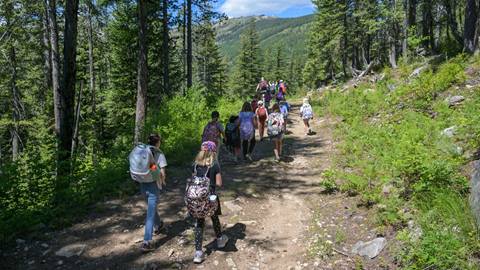 kids hiking in the forest with mountain in the background