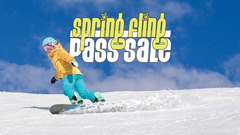 Spring Fling Pass image and logo with a snowboarder under blue sky