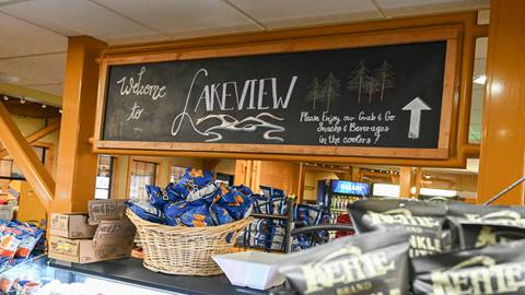 The Lakeview Cafe chalk board sign with snacks