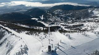 Drone image of the Schweitzer village looking over Lake Pend Oreille