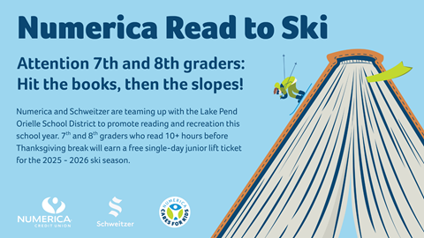 graphic of skier going down book for Numerica's and Schweitzer's read to ski program