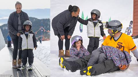 Mother and son riding the Musical Carpet along with their family taking a rest in the snow. 