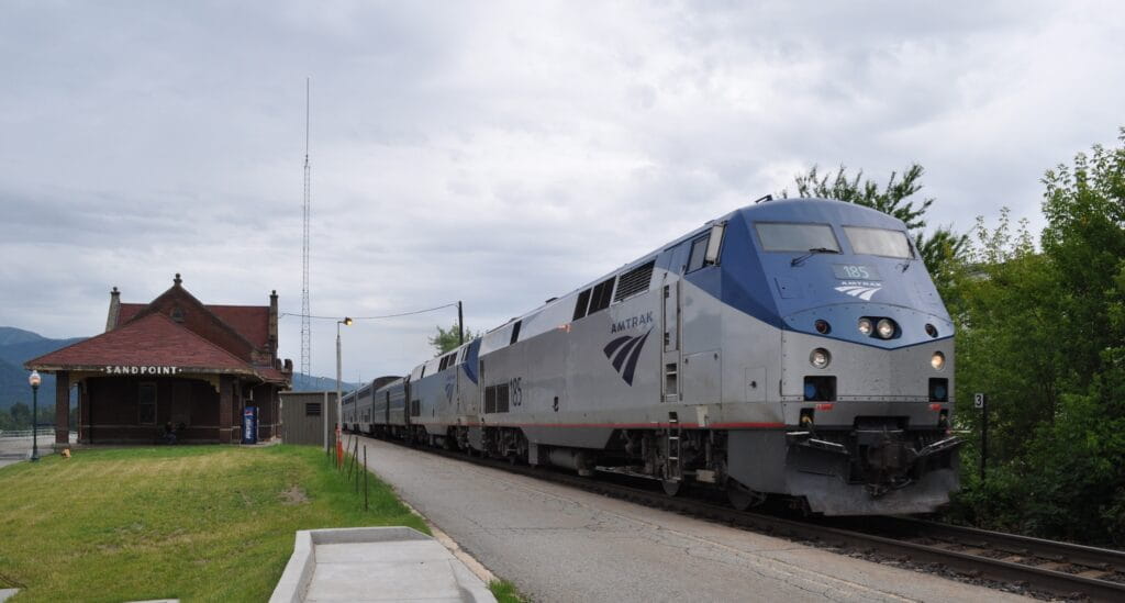 Amtrak train in front of the Sandpoint train station