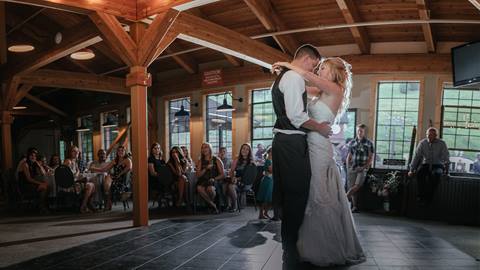 Bride and Groom dancing in the North Room at Schweitzer