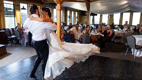 Bride and Groom Dancing in the North Room at Schweitzer. 