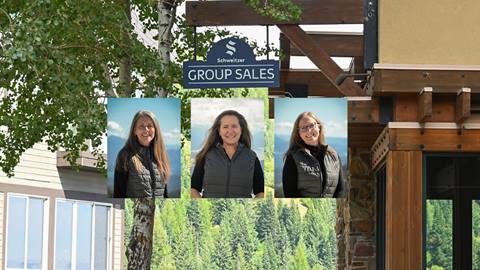 3 Schweitzer employee headshots over a photo of the Group Sales office