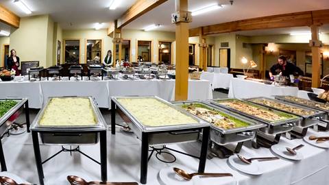 Schweitzer's Lakeview Mezzanine set up for a large buffet banquet. 