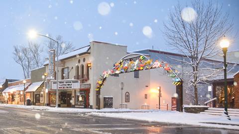 Downtown Sandpoint with snow falling