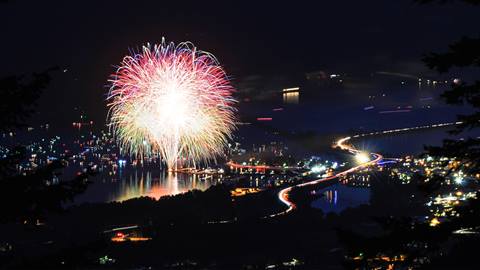 Ariel view of Sandpoint at night with fireworks