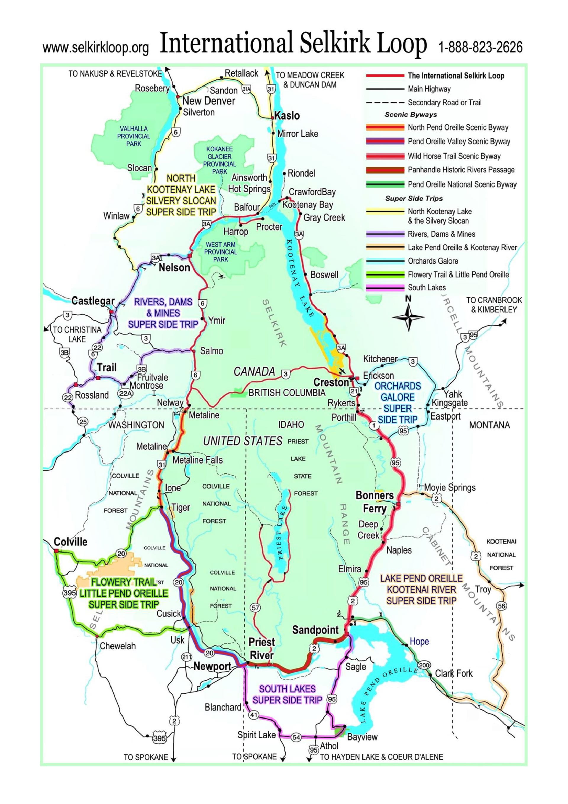 Detailed road map of the International Selkirk Loop