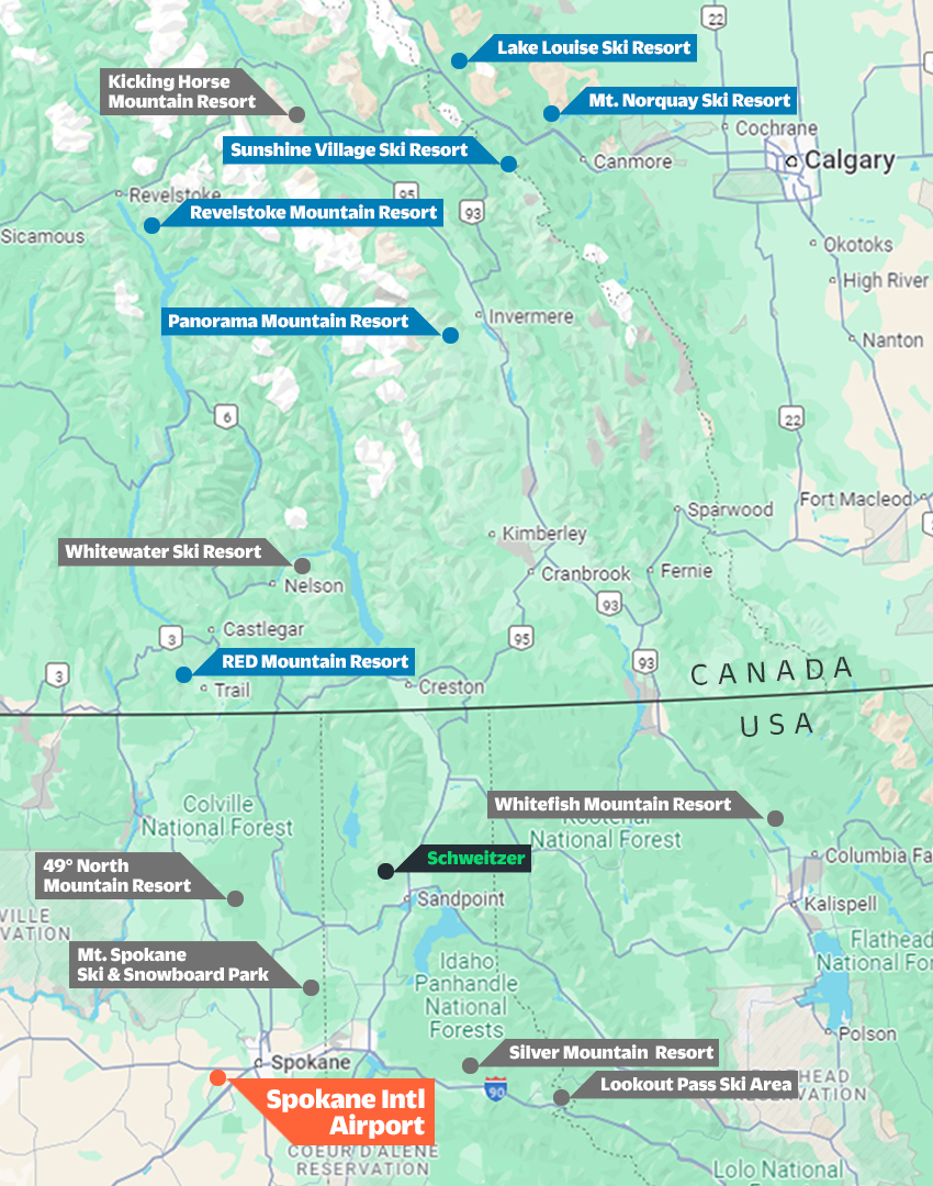 Map of regional ski areas in relation to Spokane Airport