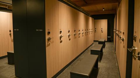 Premier lockers with seating inside Selkirk Lodge at Schweitzer