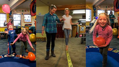 collage of kids playing with balloons and balancing on a slackline